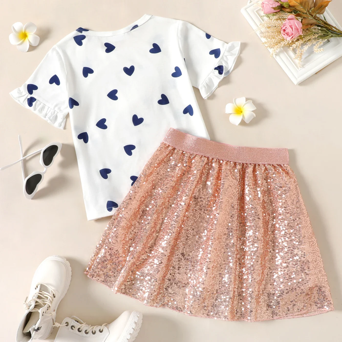 PatPat 2-piece Kid Girl Unicorn Letter Print/Sequin Rabbit Pattern Heart Print Short-sleeve Tee and Sequined Skirt Set