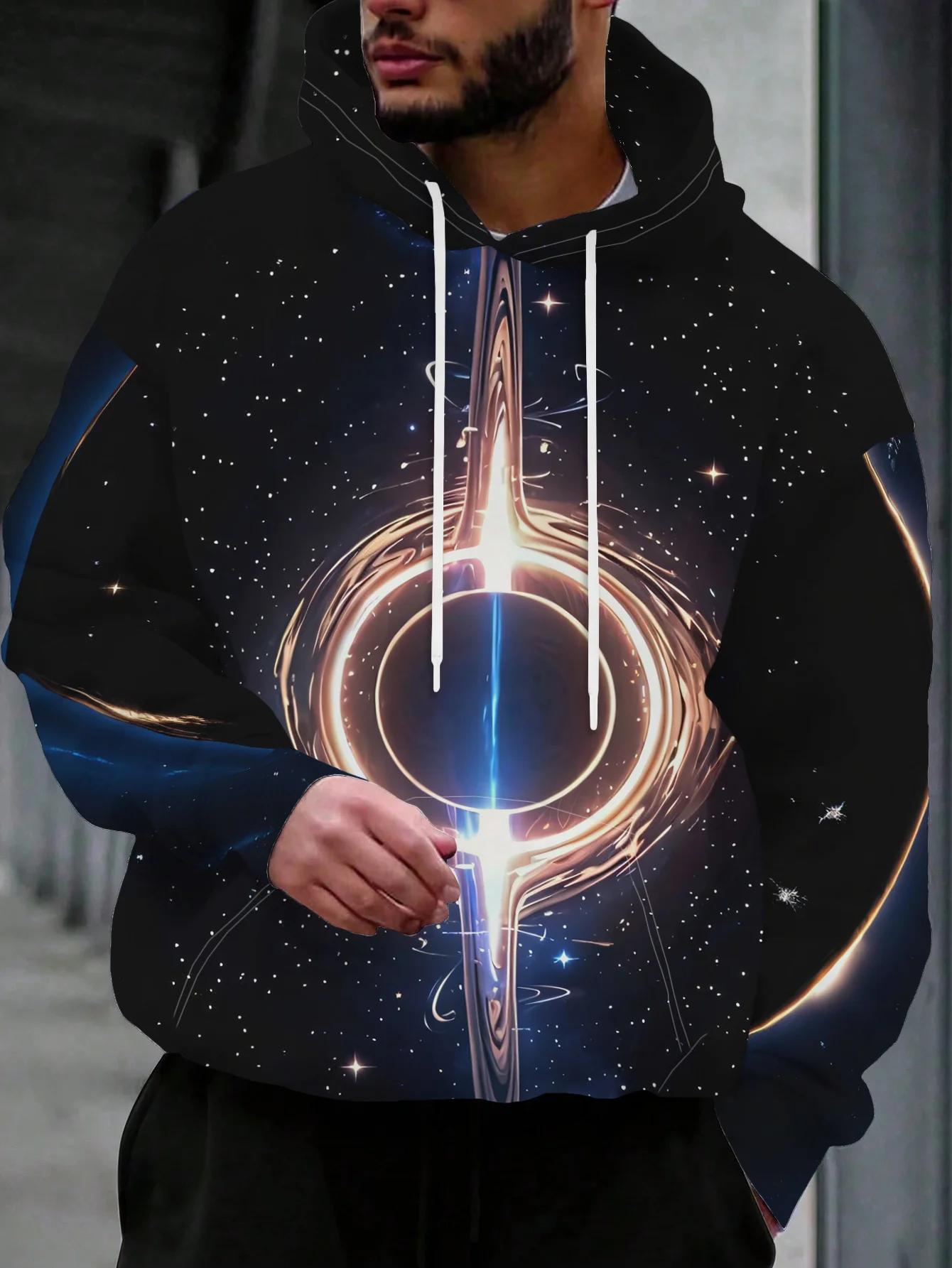 Men Black Starry Sky Golden Blue Light Ring Cosmic 3D All Over Print Hoodie Fashion Galaxy Graphic Casual Long Sleeve Sweatshirt