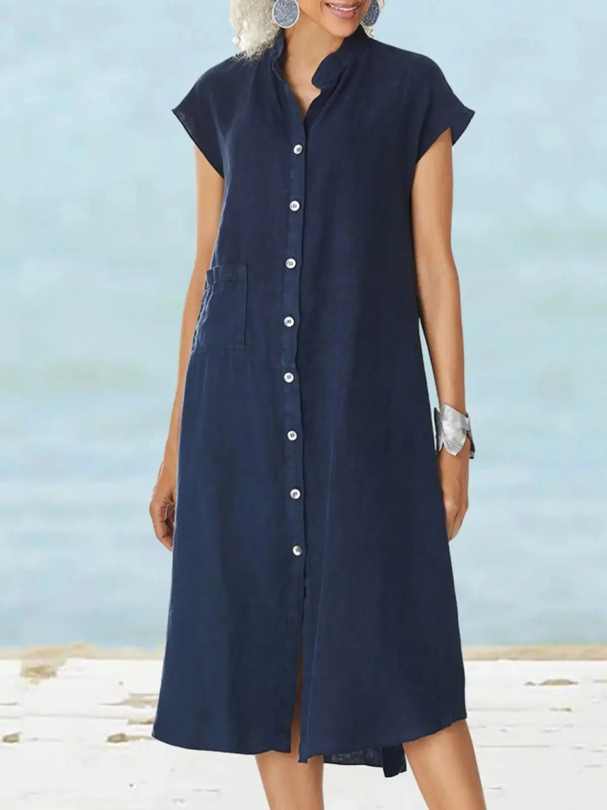 Sukienka koszulowa dla kobiet Lniana bawełniana odzież 2023, Wiosna Lato Casual Vintage Oversized Pure Long Midi Dresses — zdjęcie 2