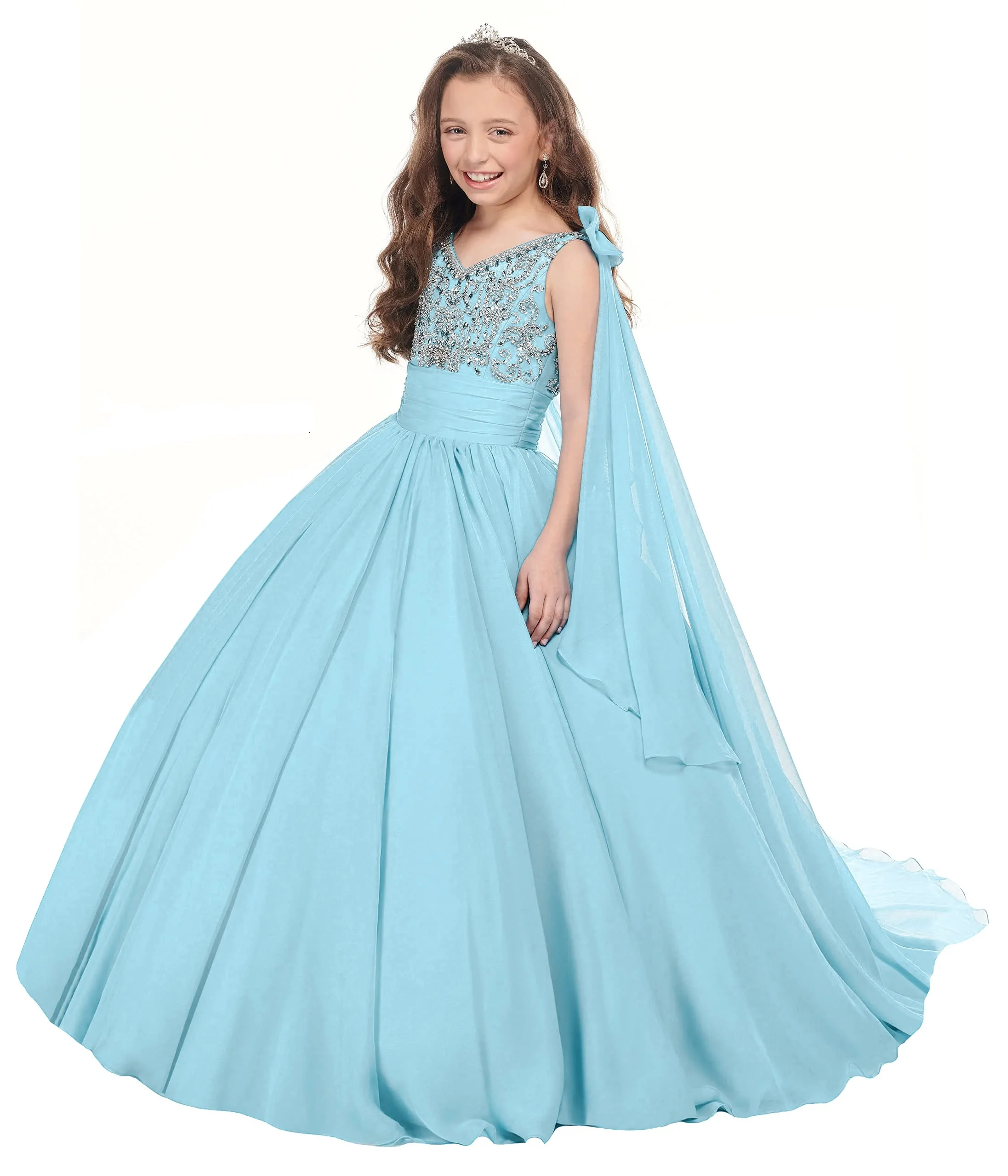 

V Neck Pageant Dress Flower Girl Dress For Wedding Beading Chiffon Princess Birthday Party Dresses Formal Ball Gowns with Cape