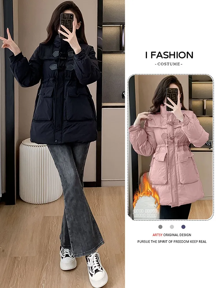 

Faionable ort Padded Jaet Women's Loose Thiened Winter Coat Warm Fluffy Korean Sle Commute Pure Color Zipper Closure
