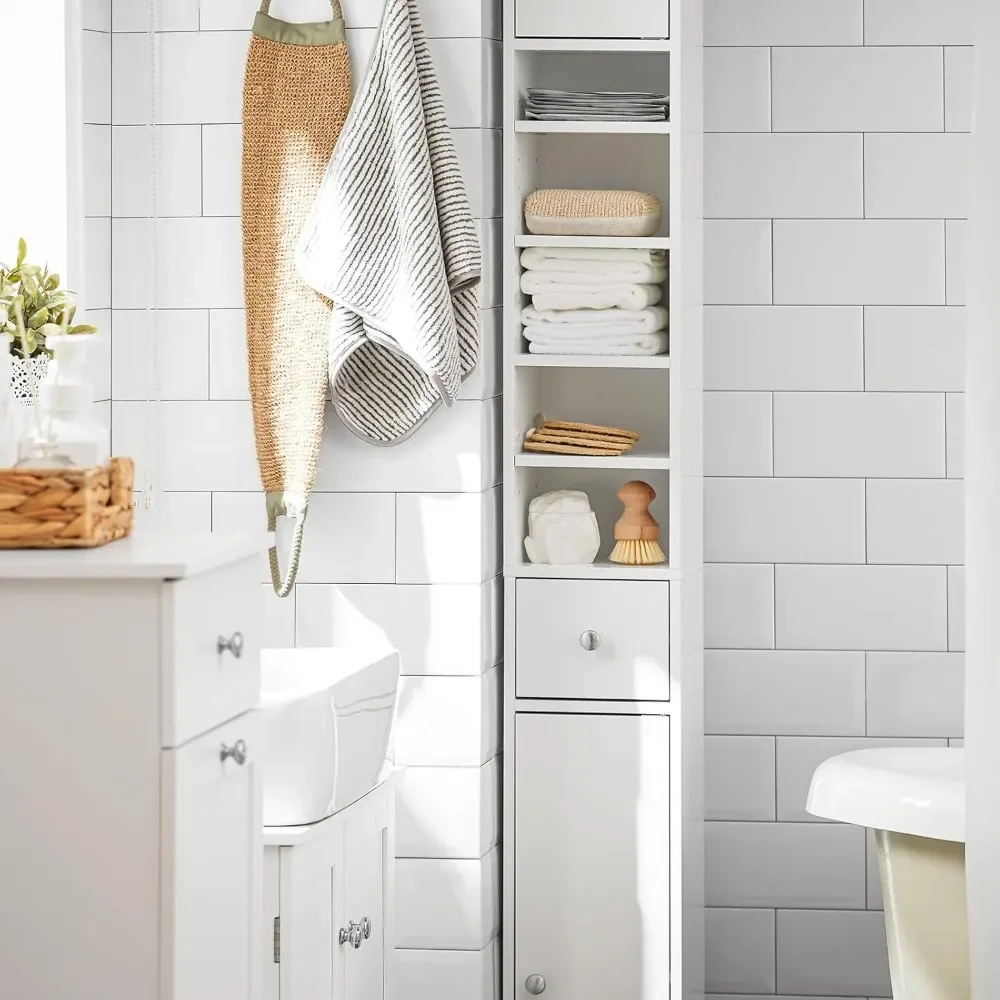 Bathroom Tall Cabinet with 1 Drawer, 2 Doors and Adjustable Shelves, Slender Extra Storage Cabinet