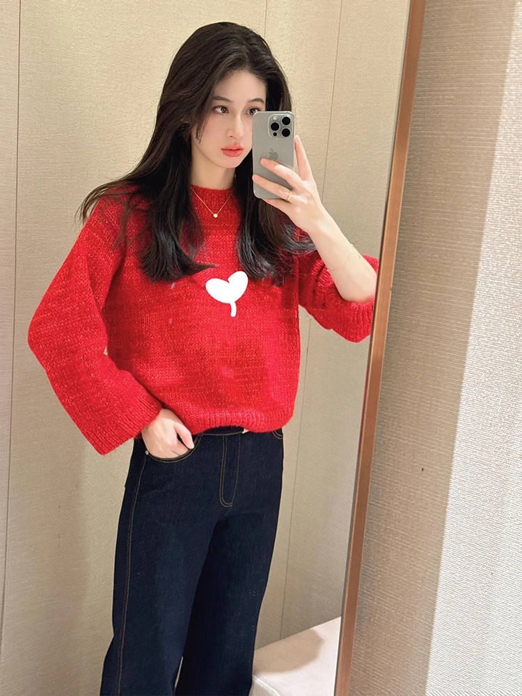 

Red Knitted Woolen Sweater for Women JR Original Camere Hair Autumn Winter New Sle round Ne Loose Fit Warmth Emit...