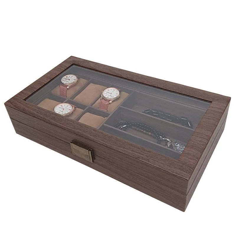 Retro version PU leather imitation wood grain 6-grid watch+3 glasses necklace jewelry storage collection display box large space