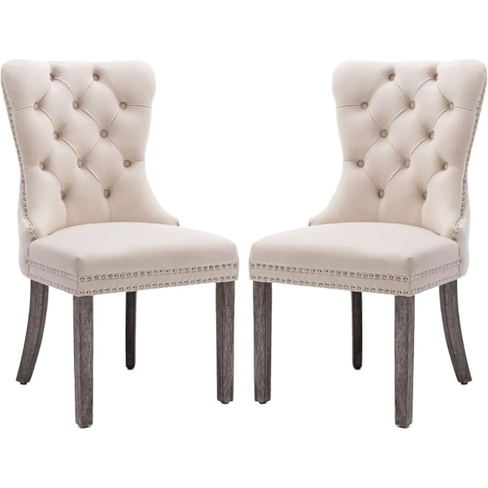 Velvet Dining Chairs, Upholstered High-end Tufted Dining Room Chair with Nailhead Back Ring Pull Trim Solid Wood