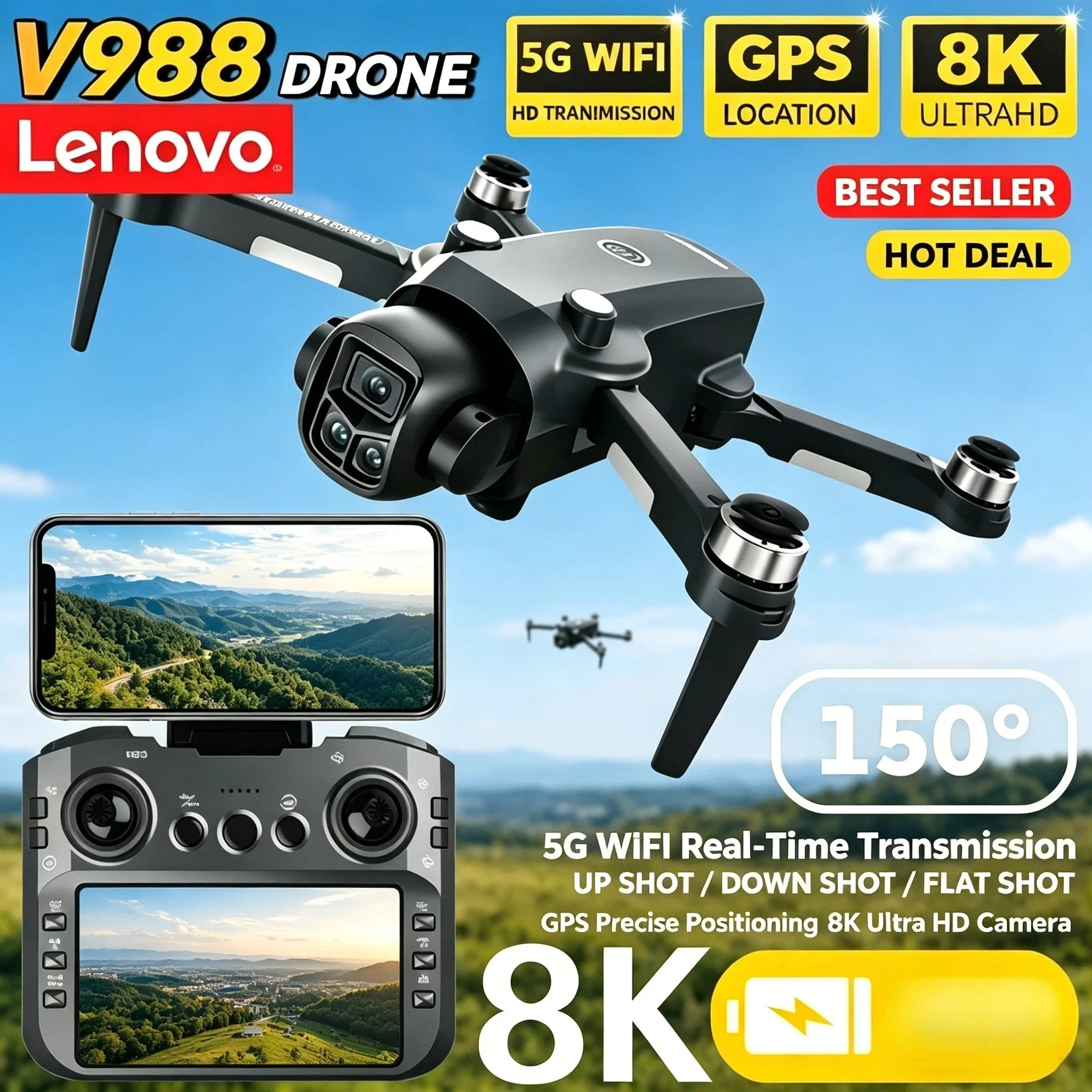 

Lenovo V988 Professional Drone Remote Control with Large Screen 5G WIFI FPV 8K HD Dual Camera Foldable Quadcopter RC Drone
