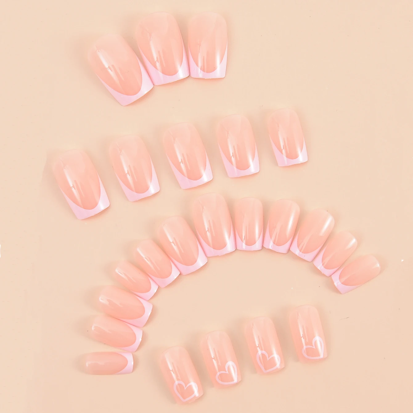24PCS Rectangular Fake Nails Cute Heart-Shaped Nude Fake Nails Pointed French Valentine's Day Nails Suitable For Women And Girls