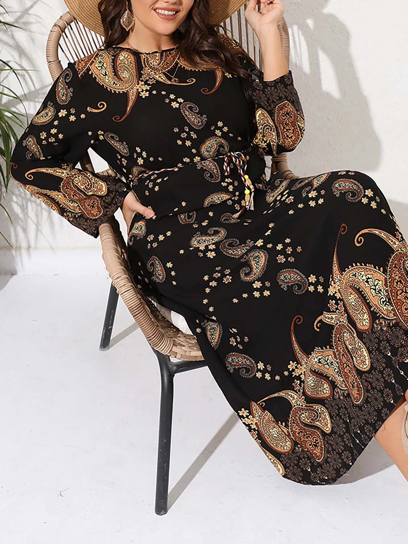 

Plus Size Dress with Ethnic Paisley Prints for Vacation- Resort Wear-Bohemian-Four Color