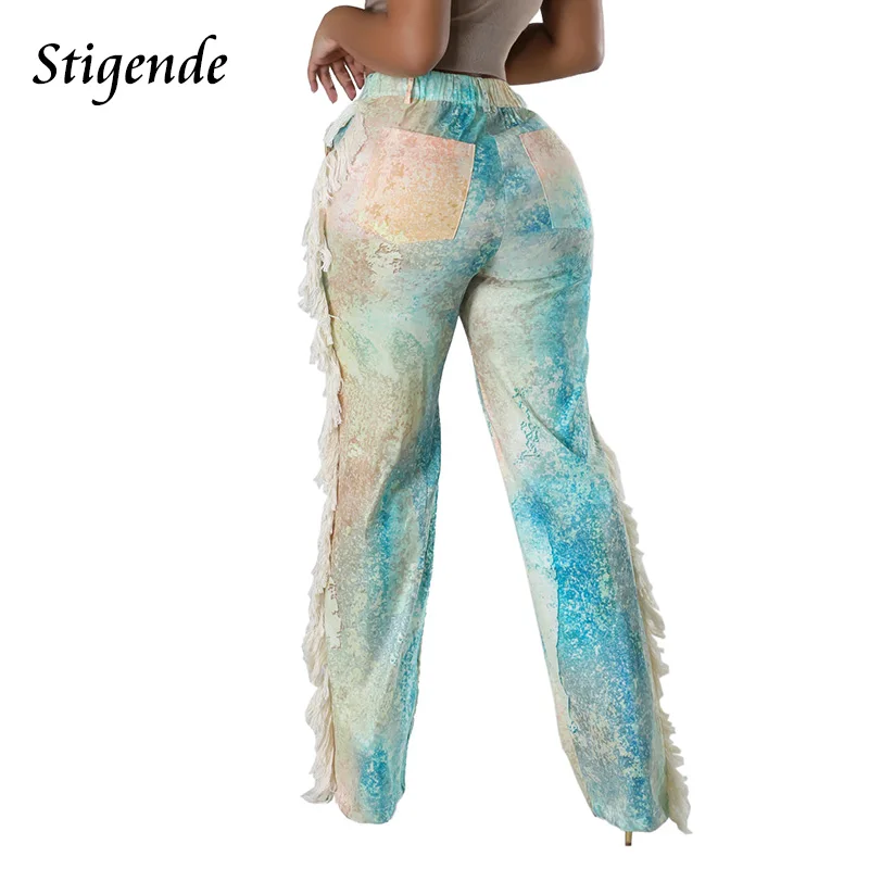 Stigende Wide Leg Tassel Pants for Women Patchwork Print Pocket Straight Pants