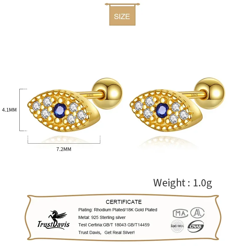 TrustDavis Real 925 Sterling Silver 2022 Fashion Devil Eye Shiny CZ Beads Screw Earring For Daughter Girls Fine Jewelry DG0109