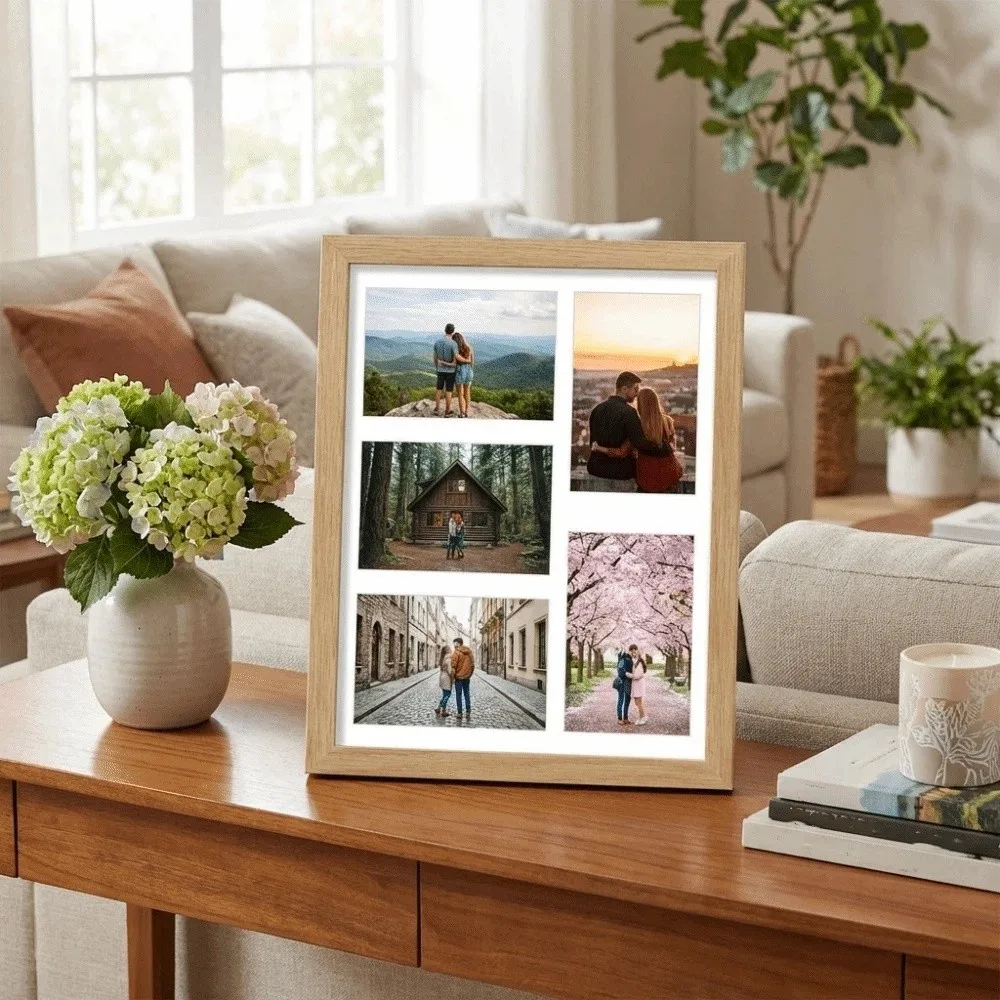 Multi-functional 5-Grid Photo Frame Handmade Rectangle Wooden Picture Frame Changeable Collage Frame Multi-Photo Display