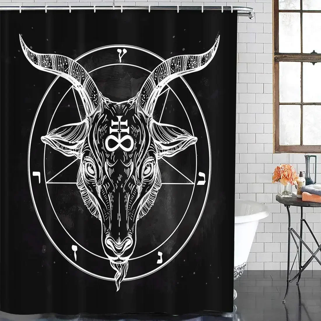 Satanic Cat Shower Curtain,Gothic Satanic Cat Pentagram Death Black Metal Waterproof Polyester Bathroom Curtains Set with Hooks
