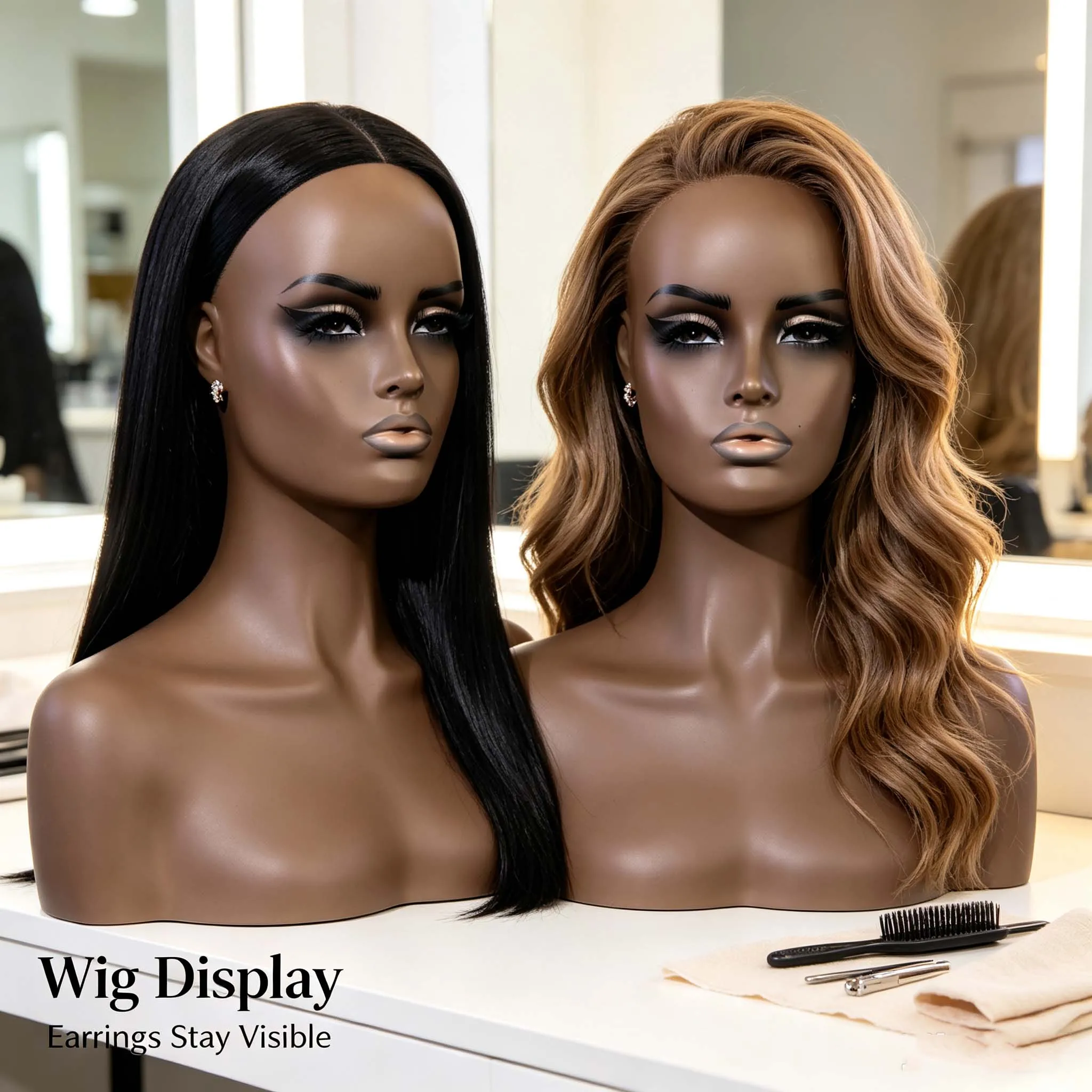 2PC USA Warehouse Free Shipping Realistic Dark Skin Tone Female Mannequin Bust Set, Manikin Head Shoulders for Hat Wig & Jewelry Accessories Display