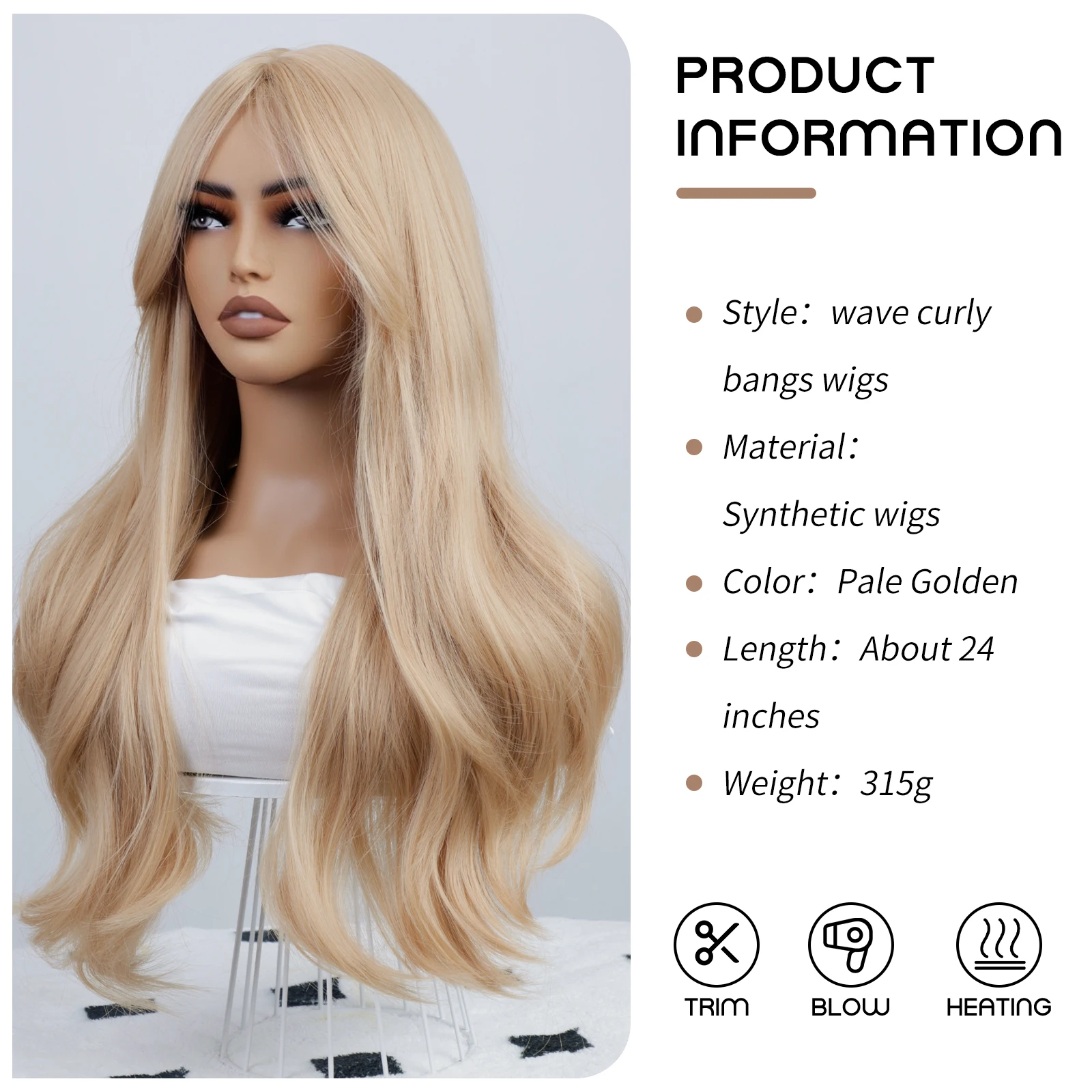 MEISU Synthetic 24 Inch Blonde Curly Wave Bangs Wig Fiber Wig Heat-resistant Non-Glare Natural Soft Cosplay Hairpiece For Women