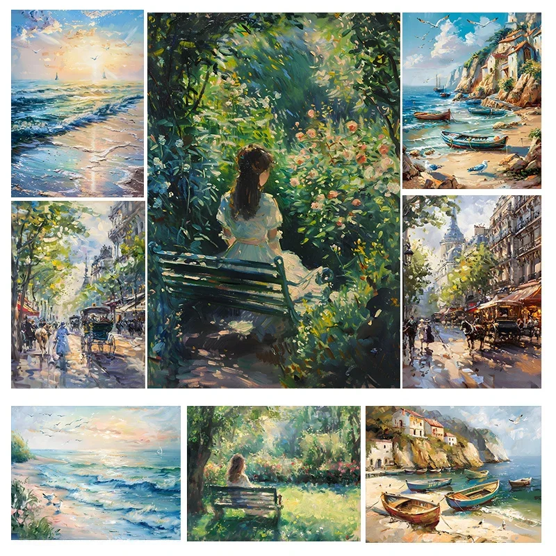Monet Impression Parisian Street Beach Sunrise Scenery Posters Abstract Oil Painting Diamond Picture Wall Art Office Home Deco