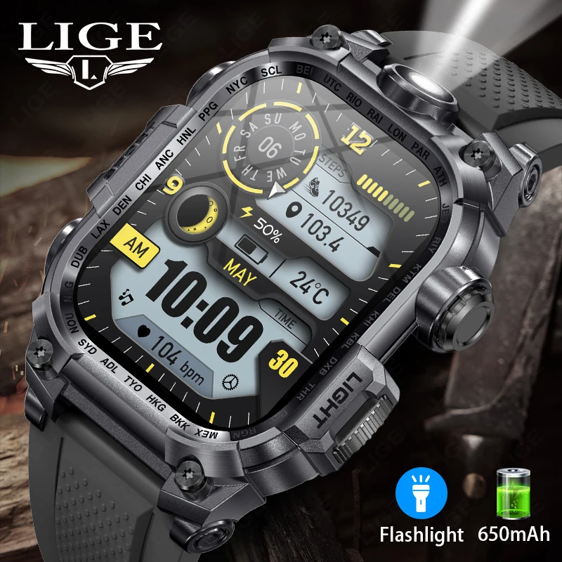 

LIGE Smart Watch Men Flashlight Full Touch Outdoor Sport Blood Pressure Oxygen Fitness Watch IP67 Waterproof Military Smartwatch