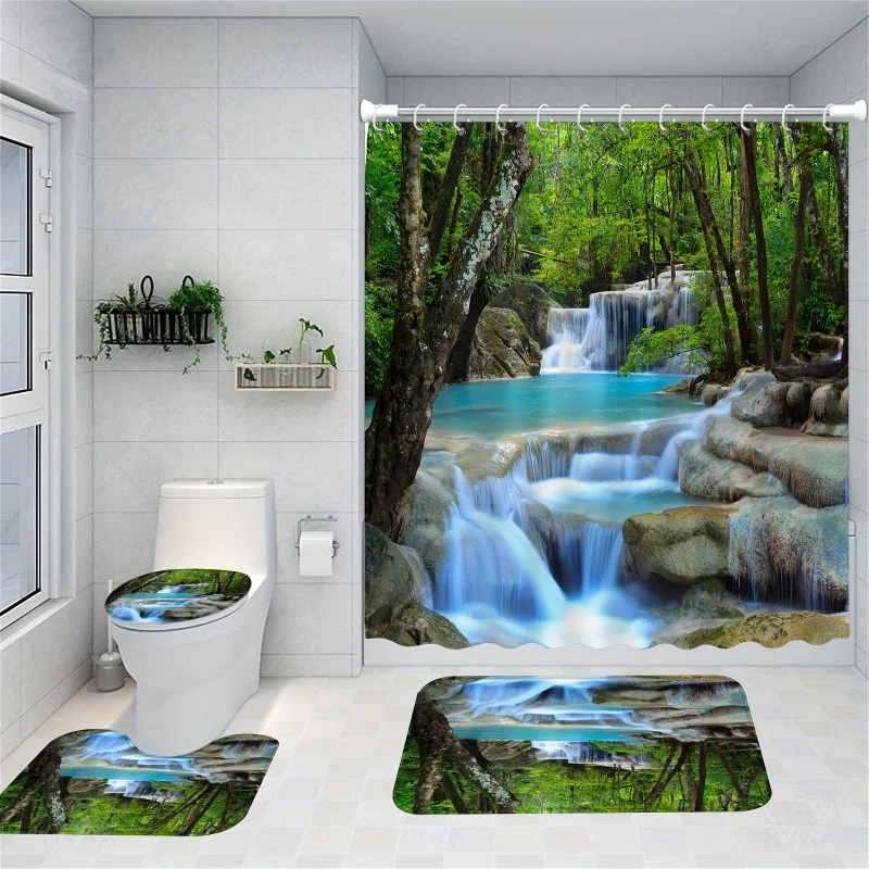 1/4pcs Luxurious Forest Waterfall Bathroom Set - Waterproof Shower Curtain with Rust-Resistant Hooks, Non-Slip Bathroom Rug, U-S