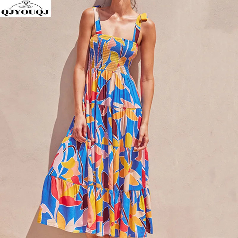 

2025 European and American Summer New Women's Sleeveless Hot Girl Printed Long Strap Dress for Women