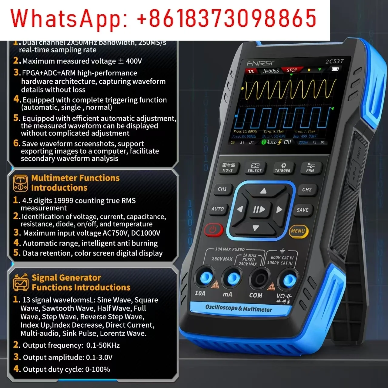 2C53T 3in1 Multimeter Digital Oscilloscope Built-in DDS Function Signal Generator 2 Channel 50MHz Bandwidth 250MS Rate