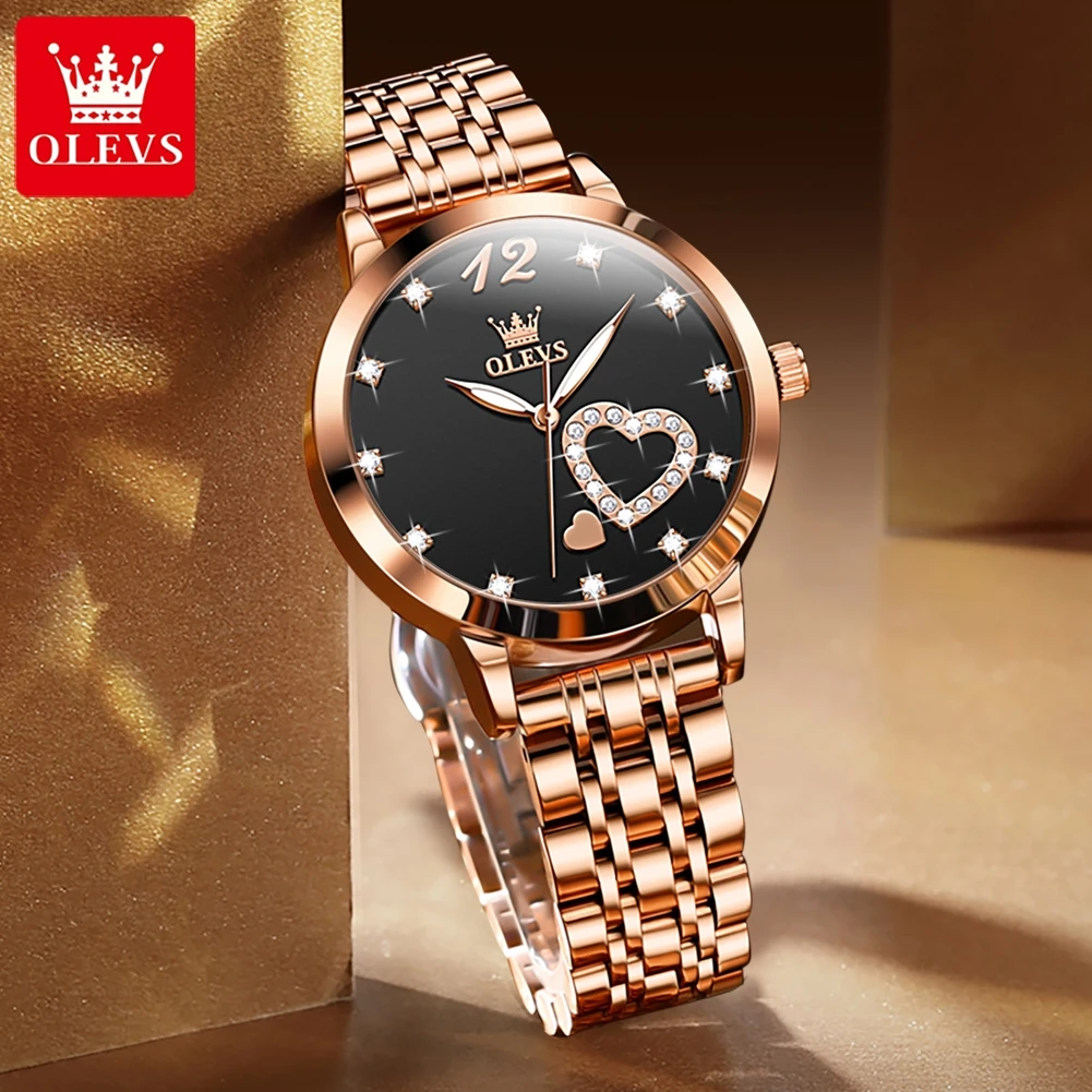 OLEVS Heart Diamond Quartz Watch for Women Elegant Rose Gold Stainless Steel Waterproof Ladies Wristwatch Luxury Women Watch New