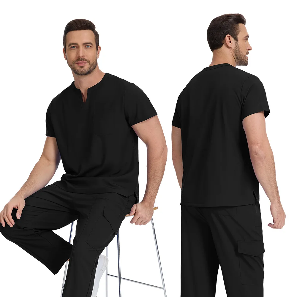 Unisex Notch Split Collar Medical Scrub Set Stretch Chest Pocket Straight Drawstring Pants Doctor Hospital Surgical Workwear