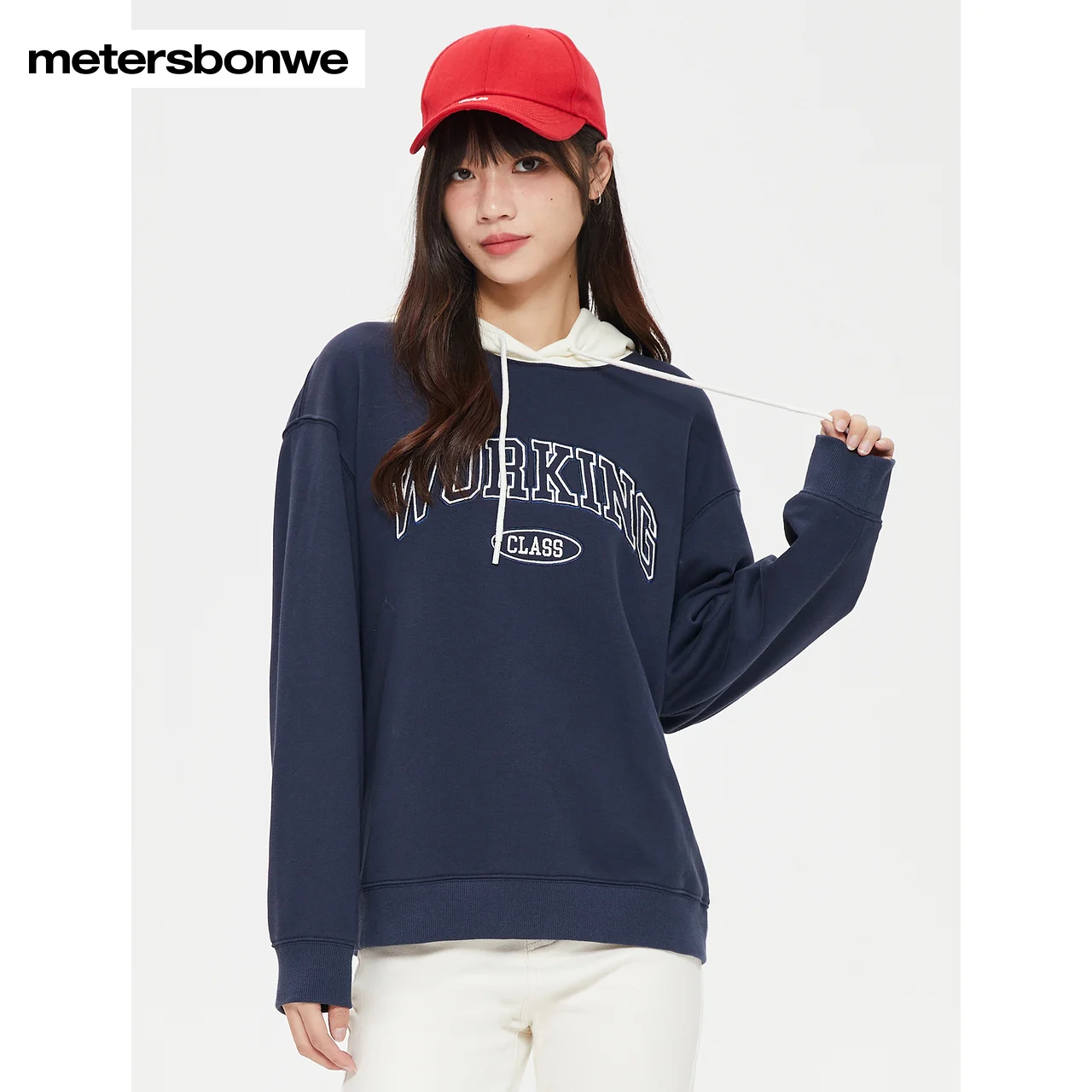 

Metersbonwe-Women's Knit Pullover Drop-Shoulder Loose Color Clash Hooded Jumper Campus Student Youth Spring Autumn