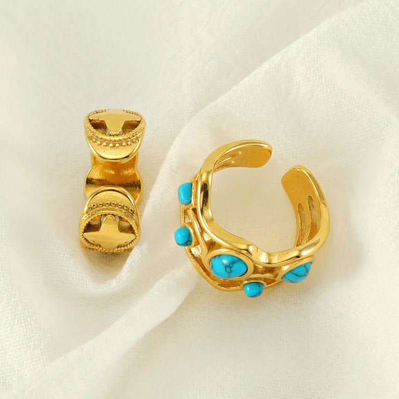 ยุโรปวินเทจไทเทเนียมเหล็กเปิดแหวน Turquoise 18K Gold Plated กันน้ําไม่แพ้เครื่องประดับนิ้วมือสําหรับของขวัญผู้หญิง