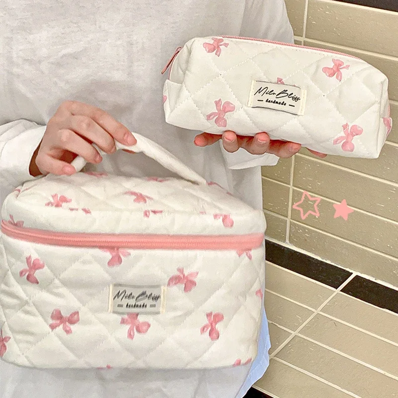 1/3pcs corea Bow Print borsa per il trucco delle donne custodia cosmetica portatile di grande capacità per articoli da toeletta da viaggio borsa per