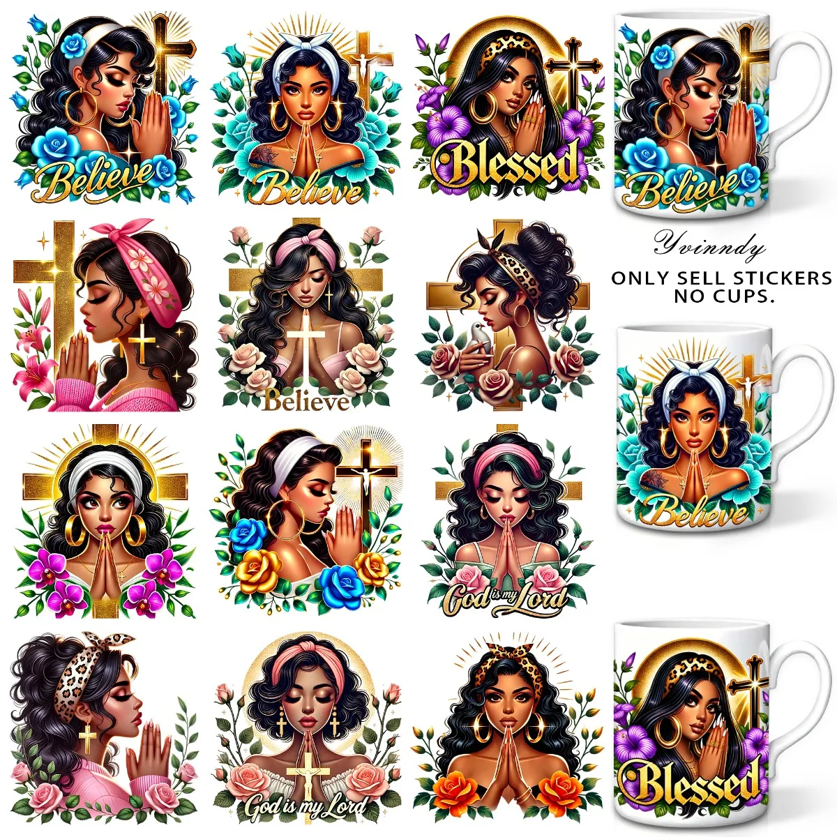 12PCS/SETPraying Woman UV DTF DIY Transfer Sticker For DIY Cups (Only The Transfer Sticker Is Included)