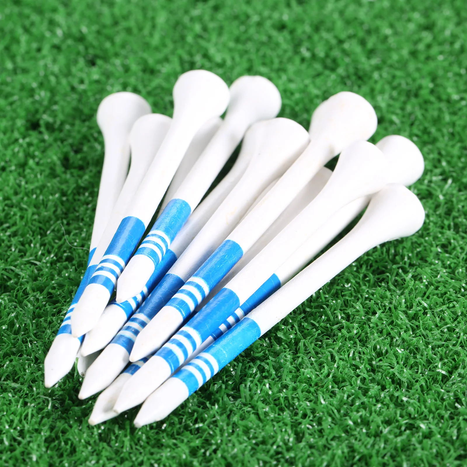 50Pcs 83mm Wooden Golf Ball Tee Wood Professional Golf Tees White with Blue Stripe Mark Scale Golf Accesories Practice Supplies