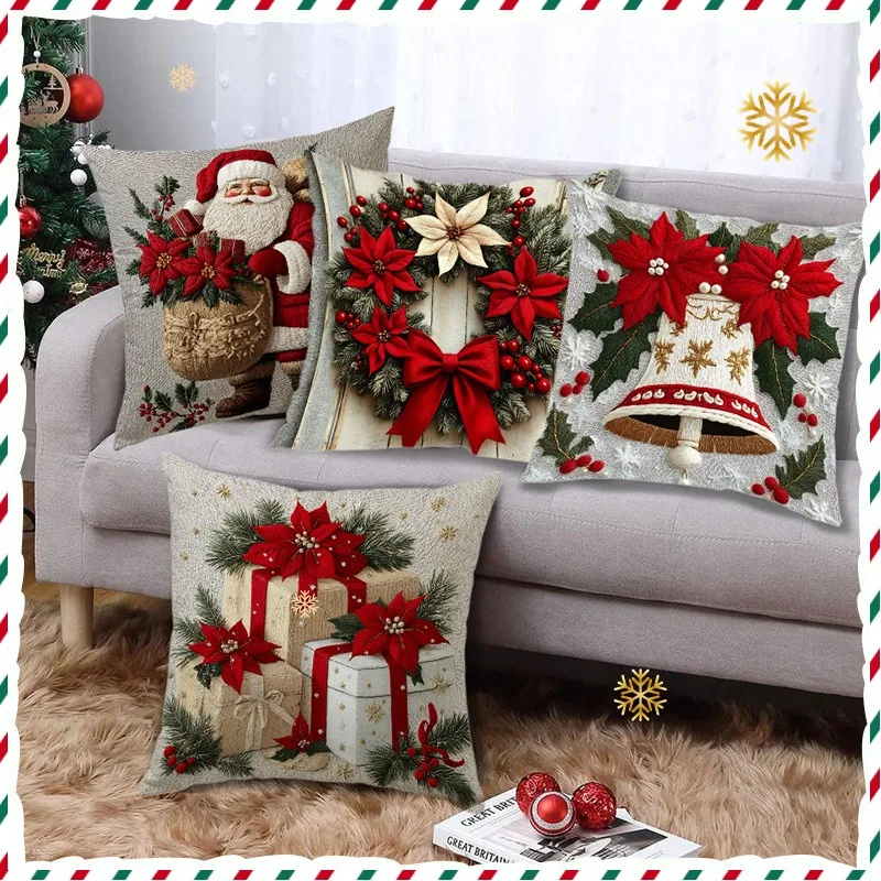 

2PCS Christmas Throw Pillow Case Decorative Wreath Bell Pattern Pillowcase Soft Short Plush Christmas Decor Sofa Cushion Cover