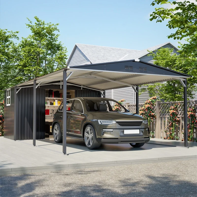 

12x23ft Heavy Duty Metal Carport with Sliding Door, UV-Resistant Roof, Waterproof Sloped Design, Reinforced Frame for Vehicles and Equipment – Grey