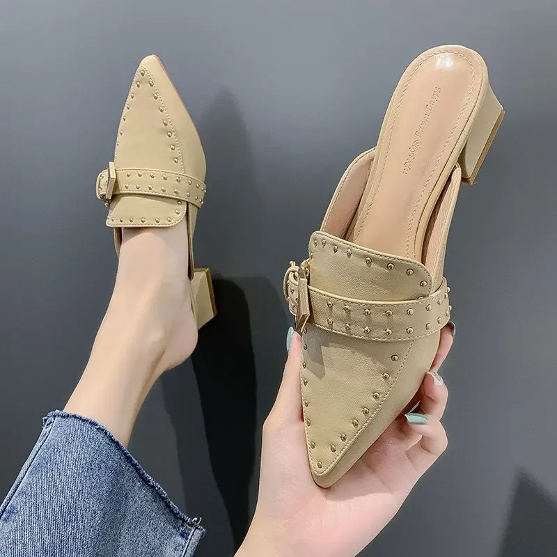 Buckle Baotou Slippers Mules Shoes for Women Closed Toe 2023 Summer Pointed Toe Slip-On Low Heels Flats Shoes Sandals Slides