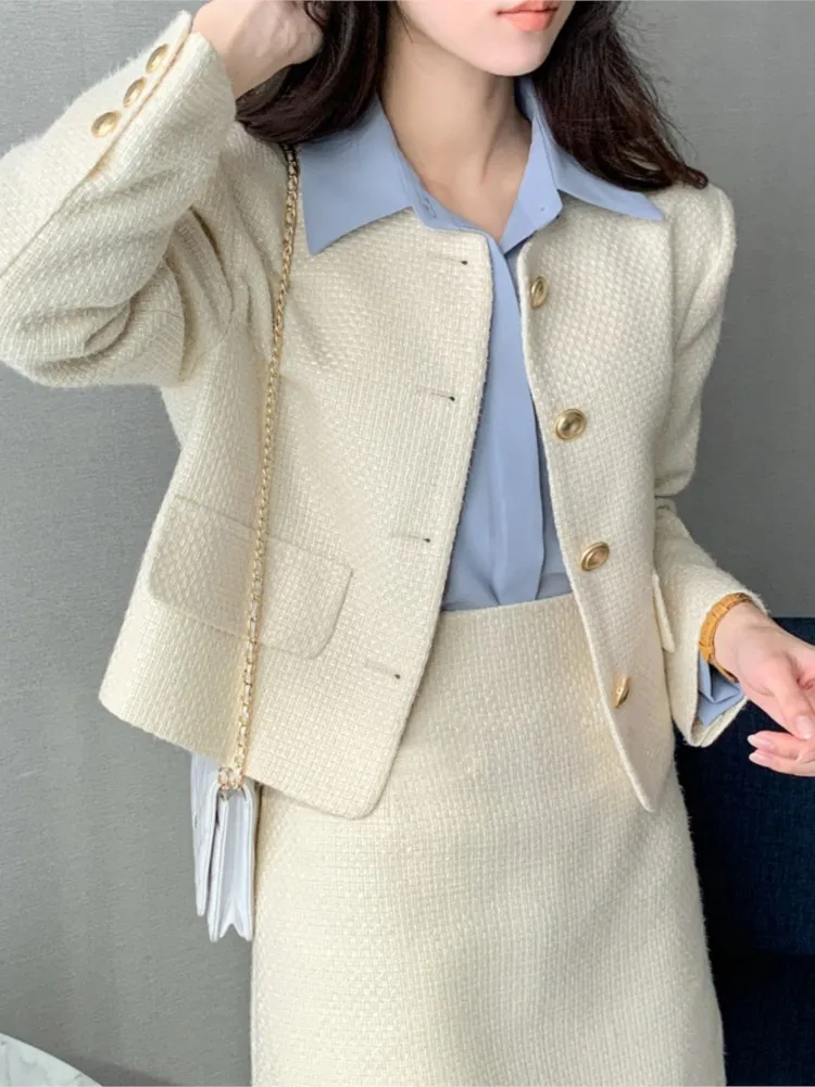 Korean Fashion Vintage Solid Party Skirts Suit Women Elegant and Chic Crop Jackets Mini Saya 2 Pieces Set Female Clothings New