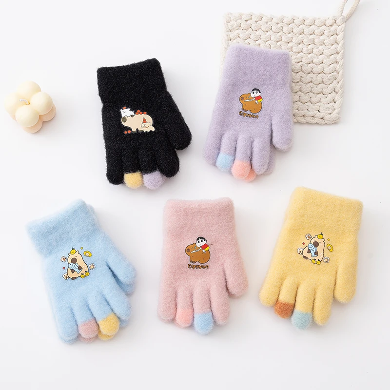 2-5 Years Baby Girs Boys Gloves Winter Cute Cartoon Capybara Full Finger Mittens Children Outdoor Playing Warm Soft Kids Gloves