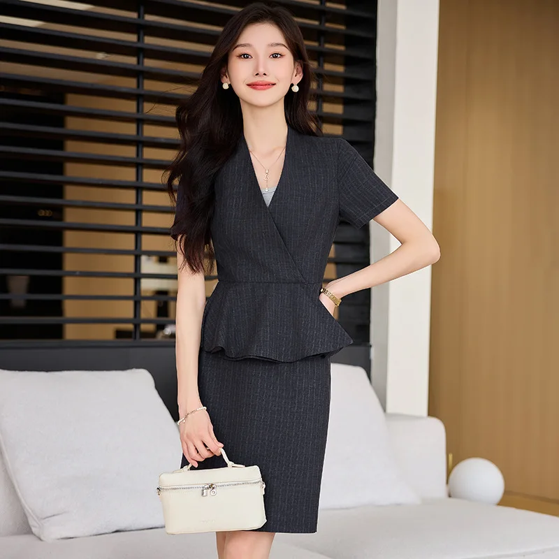 Short Sleeve Business Suit Women's Summer Hotel Reception Jewelry Shop Beauty Salon Formal Wear Black Suit Overalls