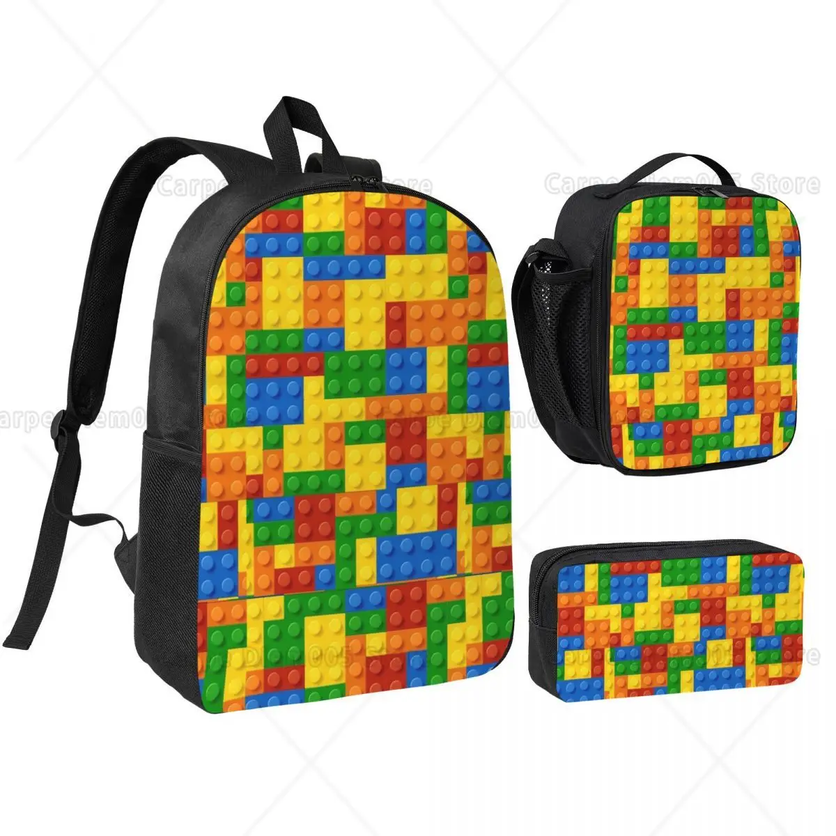Blocks Colorful Fun Pattern Backpack Set for Boys Girls Pen Bags Backpack Sets with Lunch Box Back To School Students Laptop