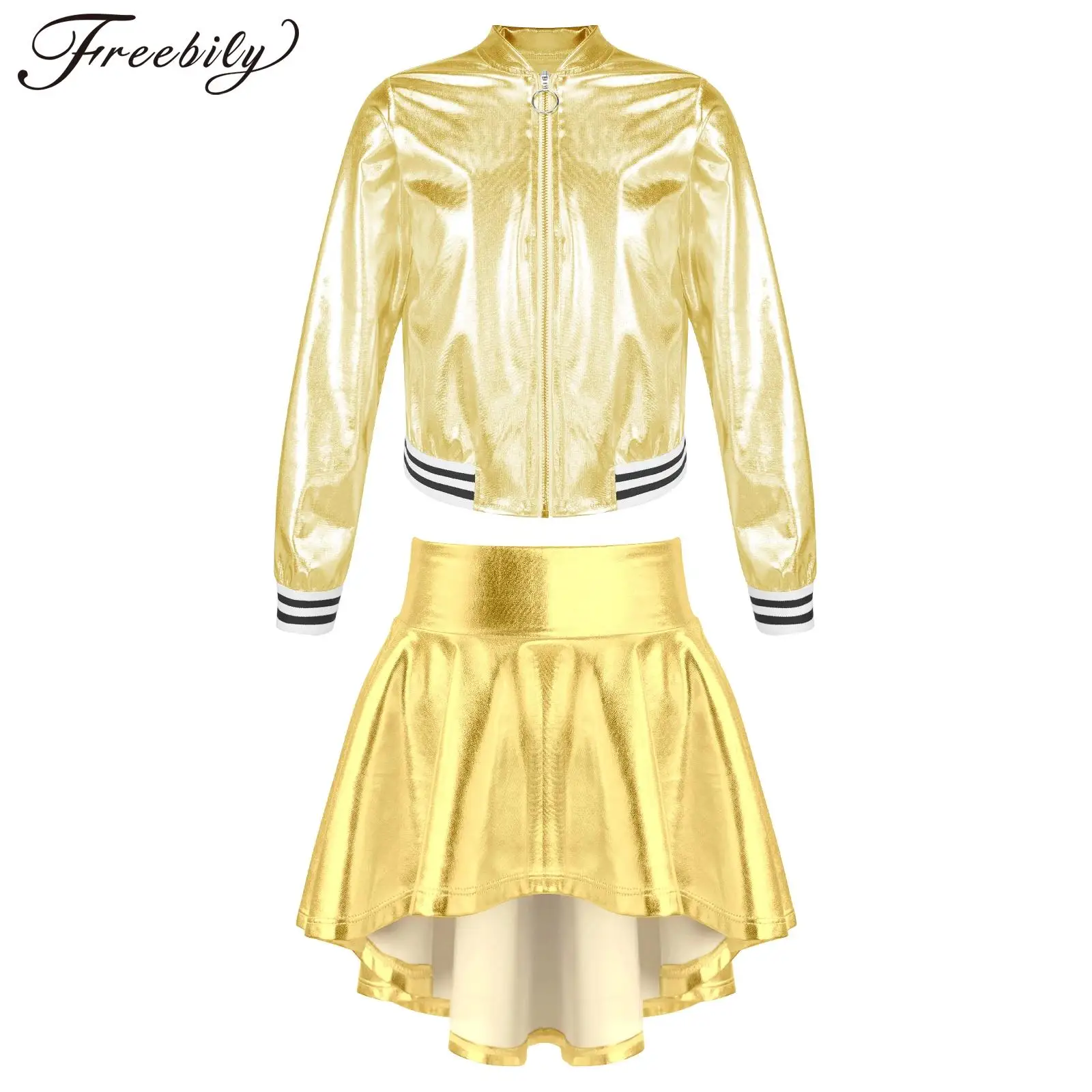 Kids Fashion Street Wear Girls Long Sleeve Shiny Metallic Moto Jacket Sets for Jazz Dancing Outfit Disco Party Costume Clubwear