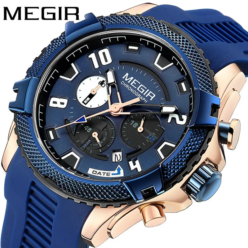 

MEGIR 2200 Quartz Watch Leisure Cool Outdoors Sports Analog Display Chronograph Luminous Blue Silicone Strap Wristwatch for Male