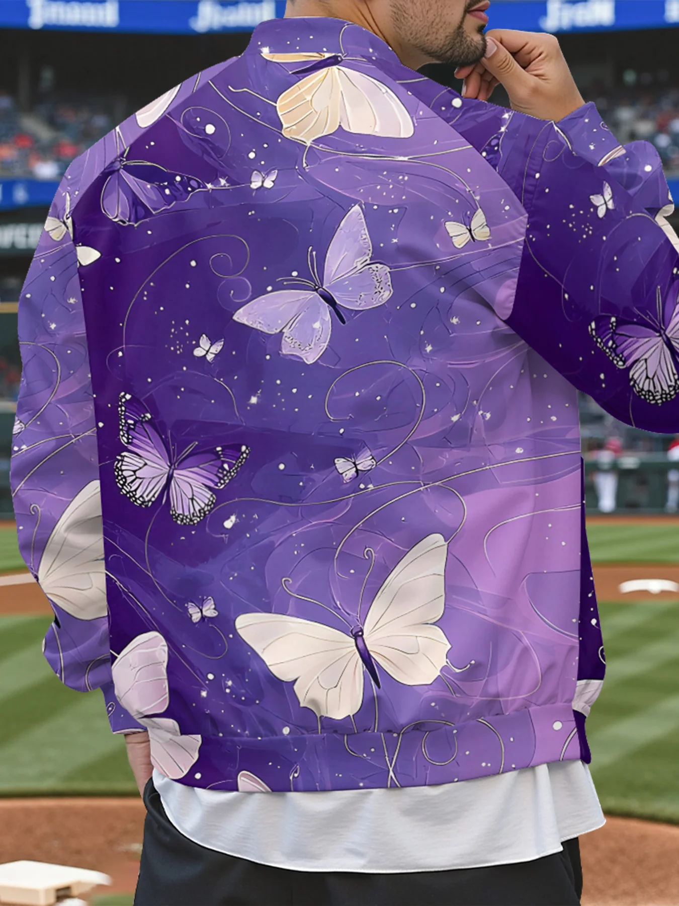 Gradient Purple Butterfly Baseball Jacket Golden Stars Korean Street Fashion Retro Coat Women Men Fall Layering Piece Outerwear