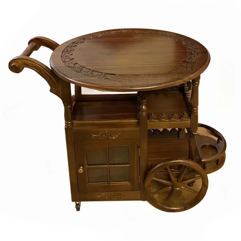 

Solid wood medieval dining cart, American retro wooden cart, household double storage teak, trolley