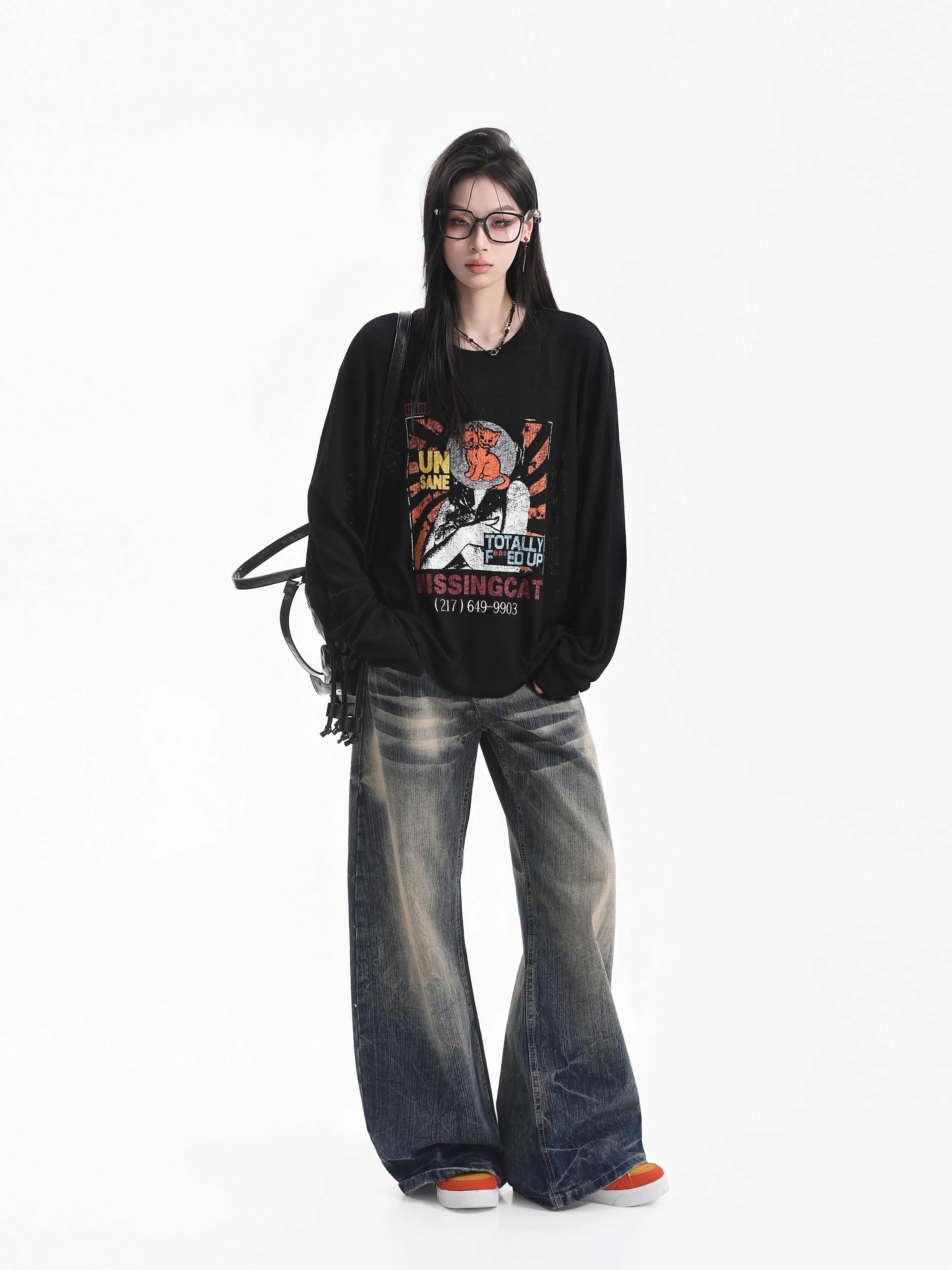 American Style  Print Long Sleeve T-Shirt Women's Casual Loose Fit Breathable Micro Transparent Base Shirt for Couples