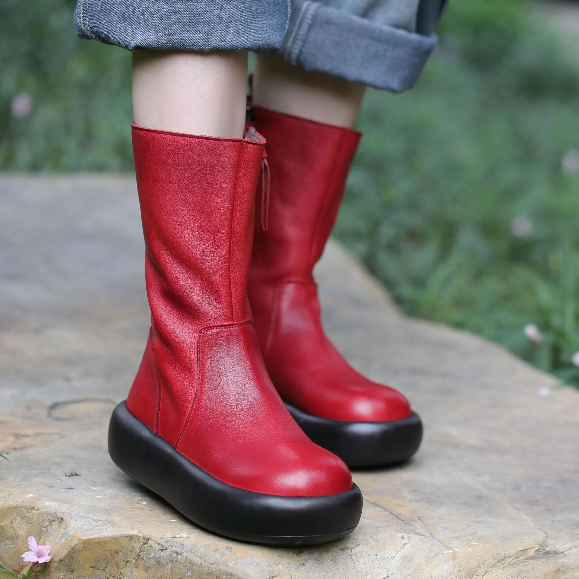 

Birkuir Fashion Winter Plush Snow Boots For Women Genuine Leather Zippers Flat Platform Shoes Luxury Thick Heel Long Boots