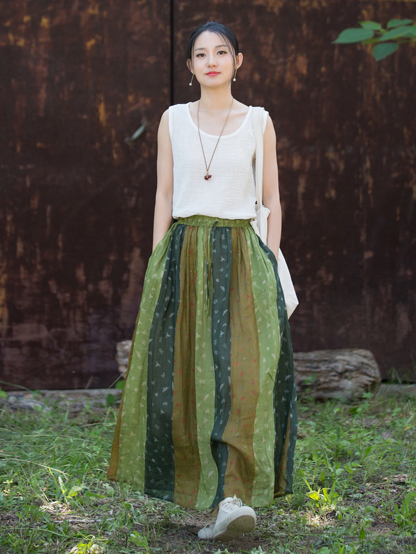 High-End 100 Pure Flax Artistic Floral Print Long Skirt Summer A-Line Large Skirt Slim Elastic Waist Half Skirt Breathable Ca...