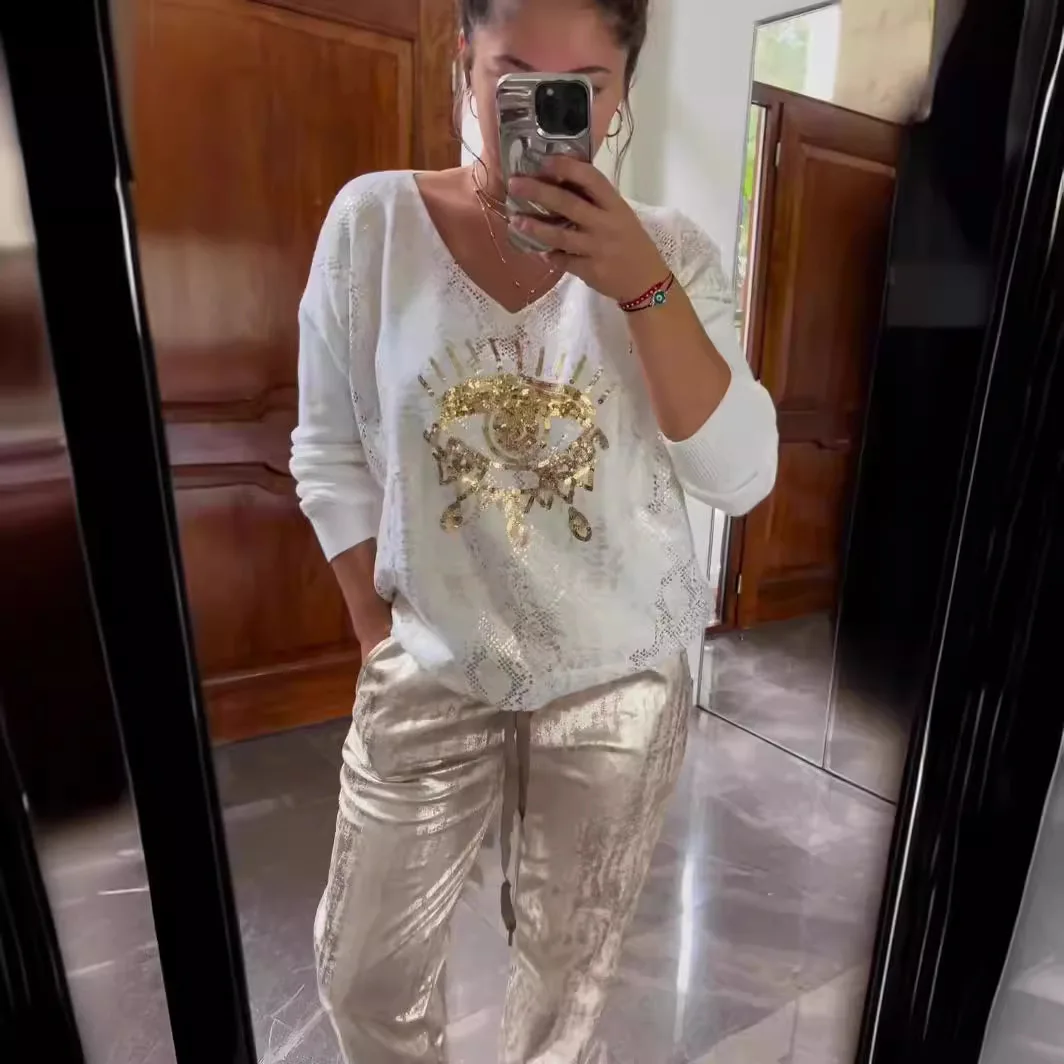 

Evil Eye Bronzing Top And Trousers Shiny Suit Plus Size Women's Summer