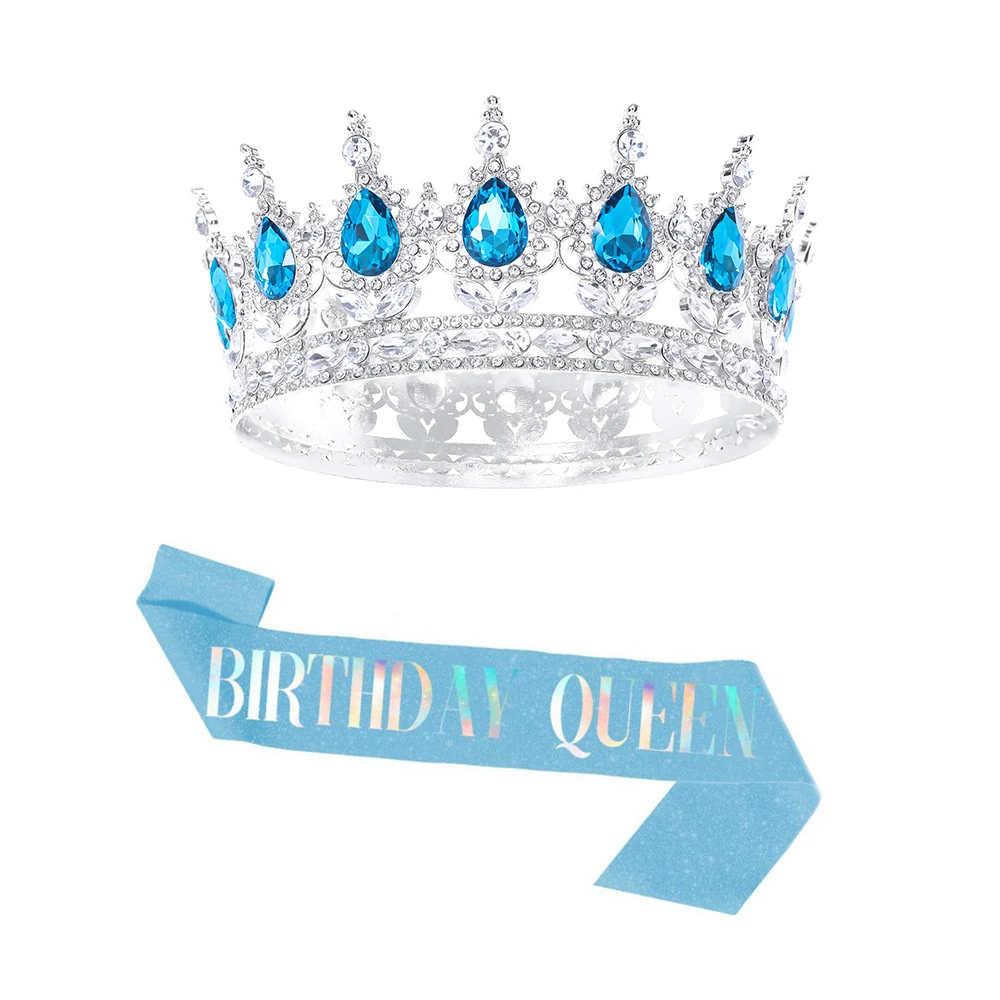 2 pcs แฟชั่นคริสตัล Rhinestone รอบ Tiaras และ Crowns สําหรับผู้หญิง "BIRTHDAY QUEEN" สายคล้องไหล่ชุดอุปกรณ์เสริมผม