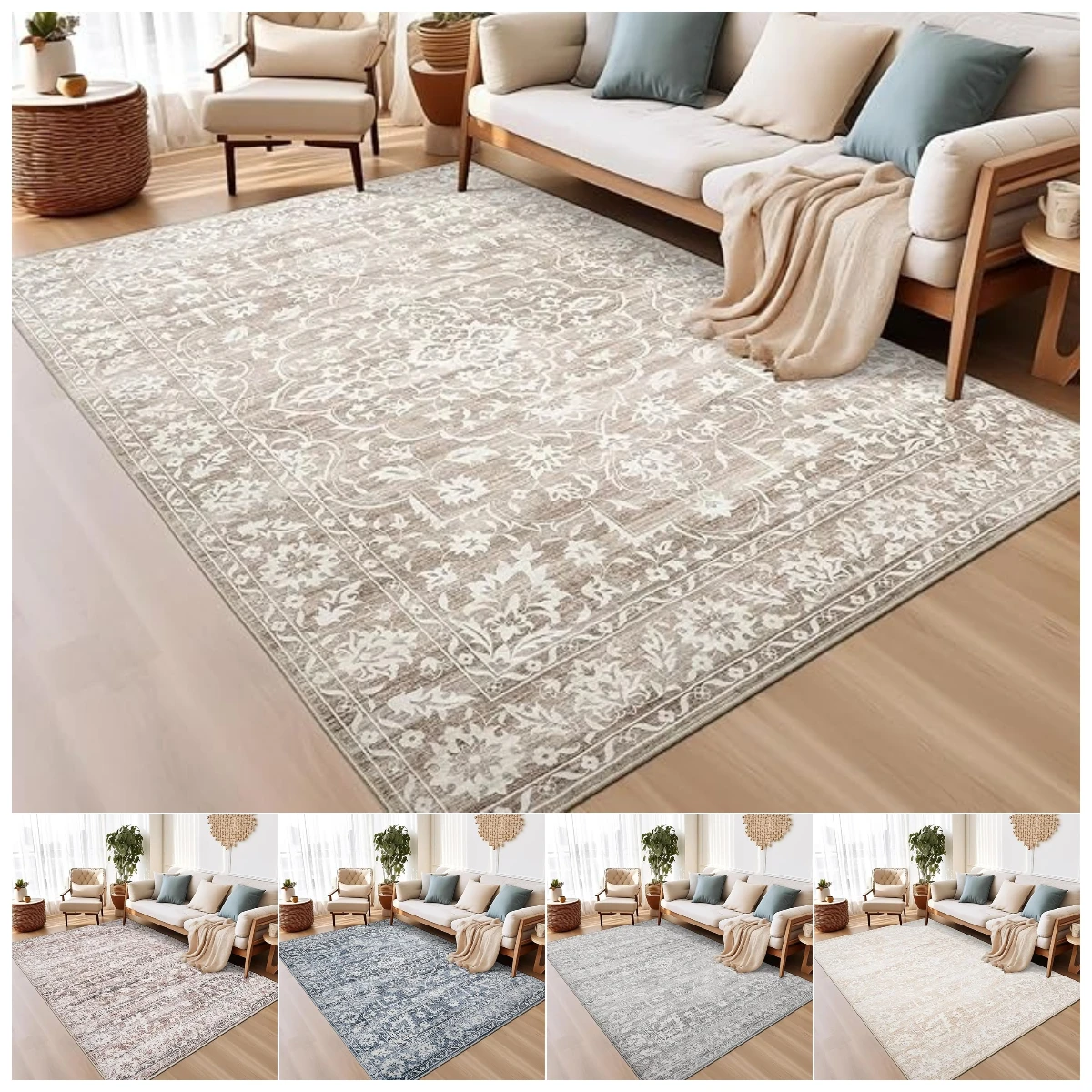 European countryside flowers Rug Home DecorNon-Slip Rug Floral Dorm Rug Entryway Vintage Carpet for Nursery Coffee Table Beige