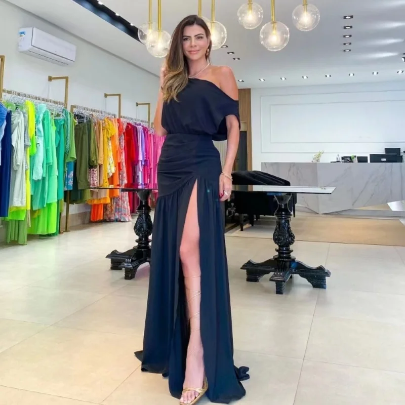 Vestido Sexy de moda para mujer con hombros descubiertos, sin mangas, elegante, informal, con abertura, cintura alta, vestido de vacaciones de Color sólido, jerséis para mujer