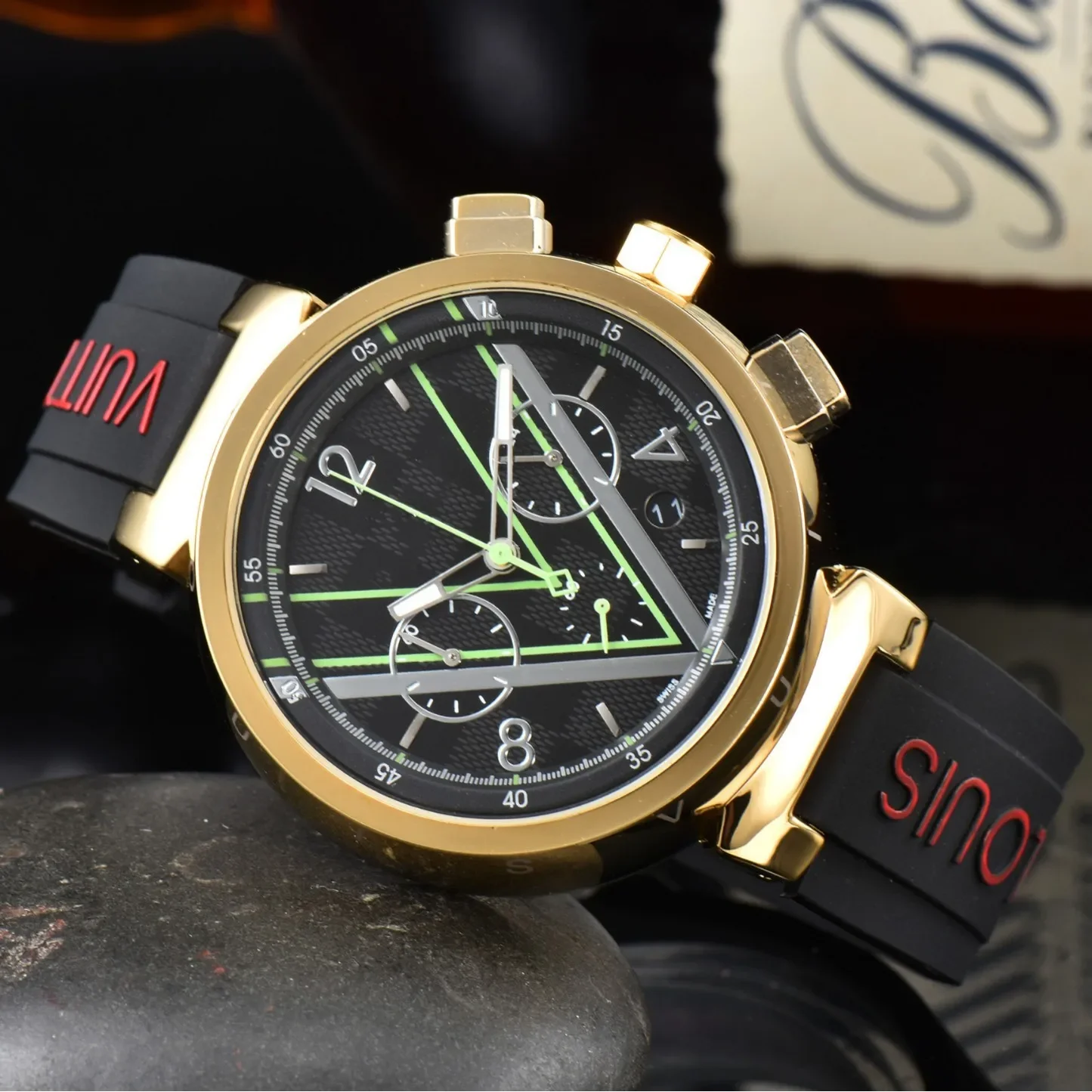 2025 Reloj cronógrafo de lujo para hombre Cristal de zafiro 100M Correa de silicona resistente al agua Movimiento de cuarzo Calendario de fecha