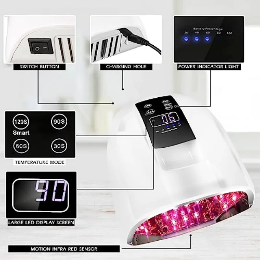 90W Professional Wireless Cordless Rechargeable UV LED Nail Lamp, Nail Lamp Gel Nail Curing Dryer Light for Nails with 45 Beads